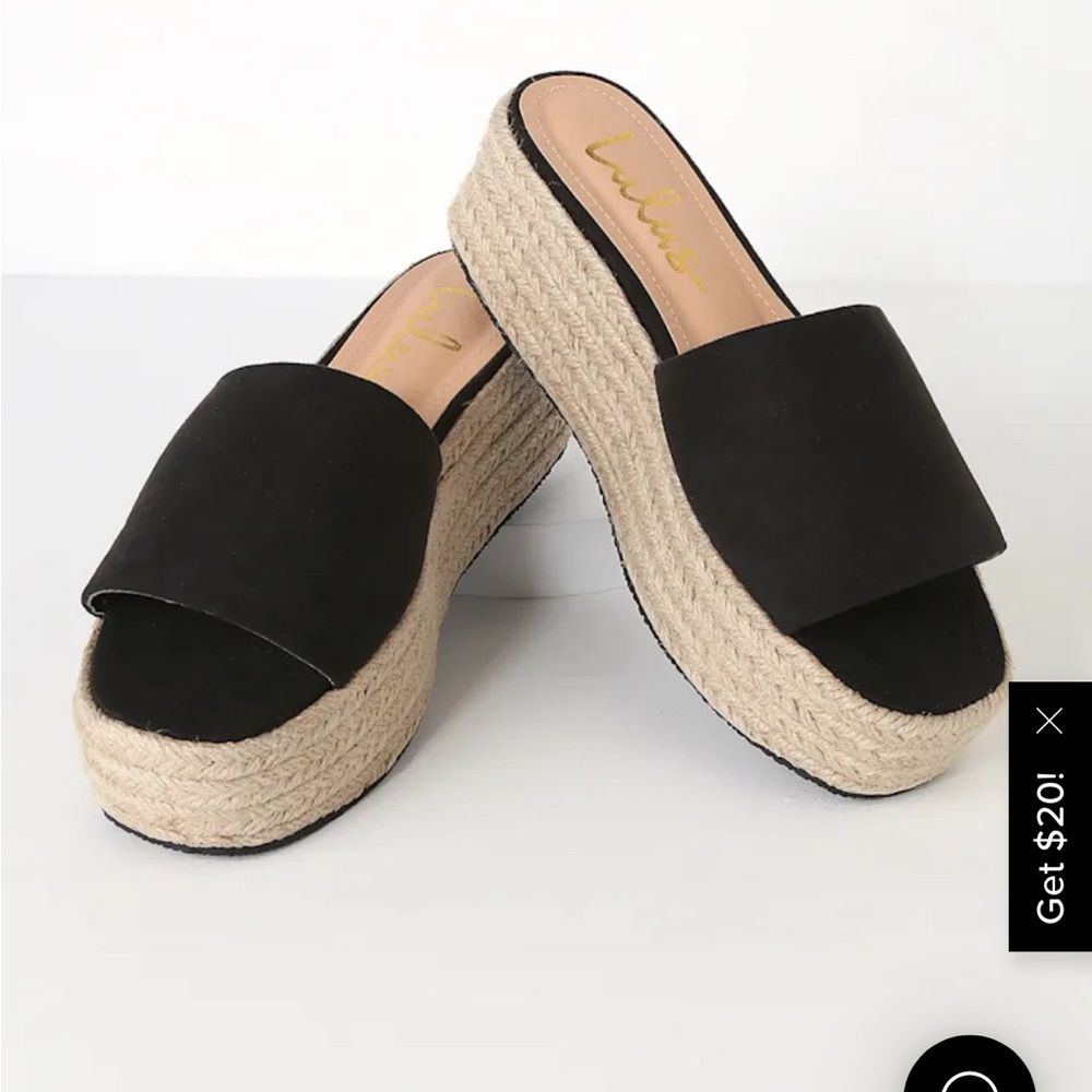 Lulu's Black and Tan Espadrille Platform Slides